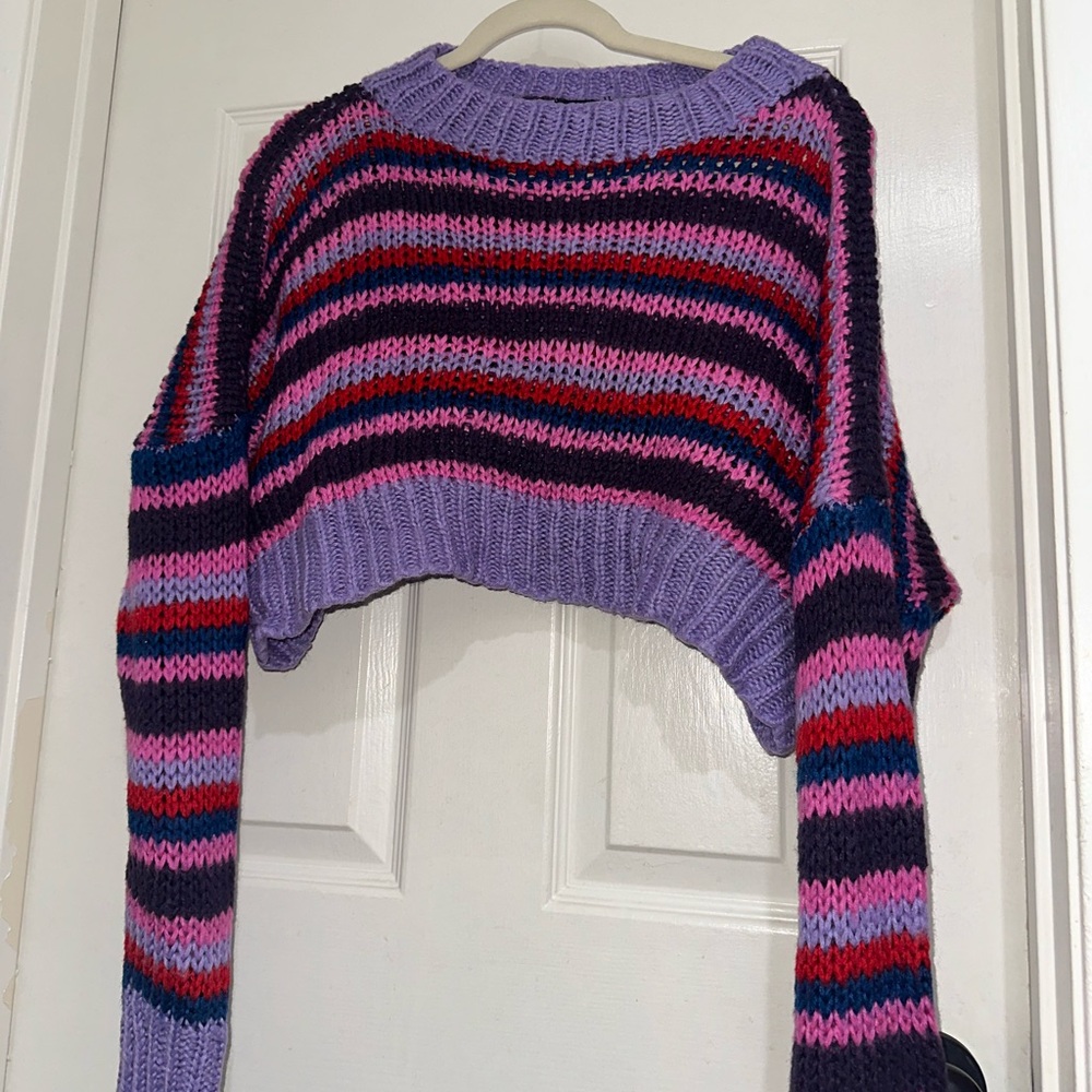 Purple and Pink Striped Crew Neck Sweater